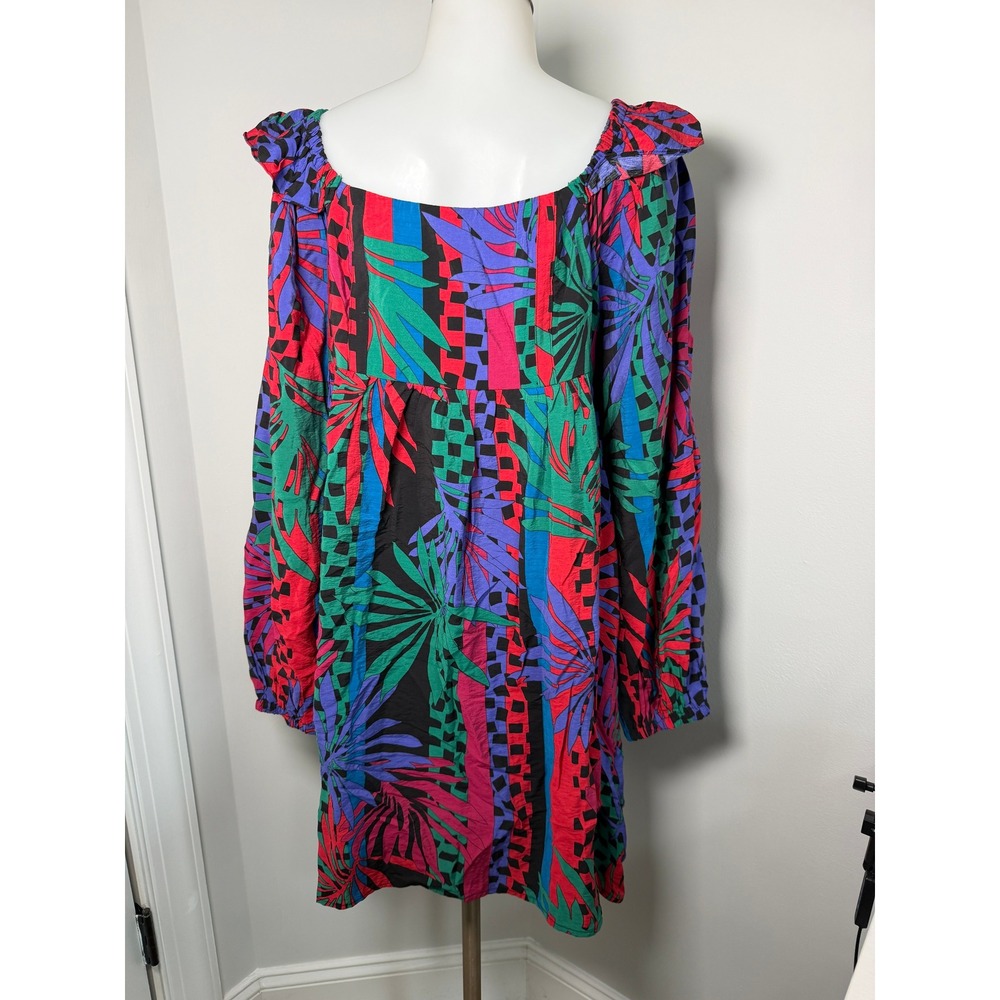 NWT DressUp Women Tropical Palm Checkered Print Dress Long Sleeve Multi Color